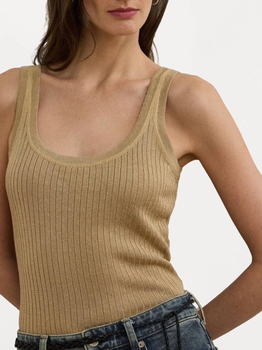 NWT Lauren Ralph Lauren Women's L Ribbed Linen Blend Tank Top Beige Scoop Neck